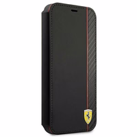 Ferrari FESAXFLBKP13SBK iPhone 13 mini 5.4" melns/melns grāmatas tipa apvalks On Track Carbon Stripe