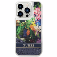 Guess GUHCP14LLFLSB iPhone 14 Pro 6.1 zils / zils kietais viedtālruņa apvalks Flower Liquid Glitter
