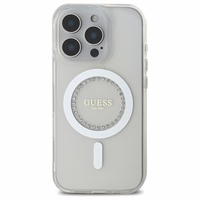 Guess IML Rhinestones magnētiskais viedtālruņa apvalks iPhone 16 Pro - balts