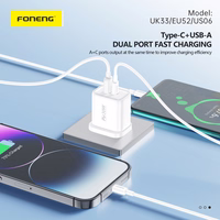 Foneng Sienas lādētājs EU52 - USB + Type C - QC 3.0 PD 30W balts
