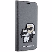 Karl Lagerfeld KLBKP14SSANKCPG iPhone 14 6.1" grāmatas tipa apvalks sudraba Saffiano Karl & Choupette