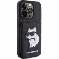 Karl Lagerfeld Saffiano karšu slotiņas un statīvs monogramma Choupette apvalks iPhone 15 Pro - melns