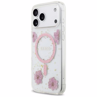 Guess Resin Flowers Glitter MagSafe futrālis iPhone 17 Pro Max rozā krāsā