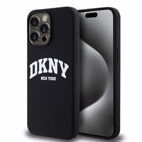 DKNY apvalks no šķidrā silikona MagSafe viedtālrunim iPhone 15 Pro Max ar balto logotipu - melns (m)