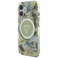 Guess Glitter Flowers Triangle Buttons Magnētiskais viedtālruņa apvalks iPhone 16 - zaļš