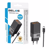 Beline Tīkla lādētājs 2x USB-C + 1x USB 65W + kabelis USB-C melns PD 3.0 + QC 3.0 BLN3CB65C GaN