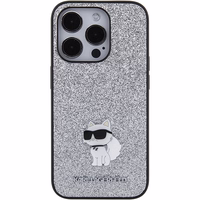 Karl Lagerfeld Fixed Glitter Choupette Logo Metal Pin Viedtālruņa apvalks iPhone 15 Pro Max - sudrabains