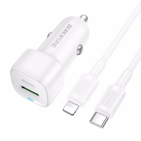 Borofone Auto lādētājs BZ34B Cloud - USB + C tipa - QC 3.0 PD 38W ar C tipa Lightning kabeli, balts