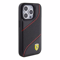 Ferrari Perforated Waves Metal Logo viedtālruņa apvalks iPhone 15 Pro - melns