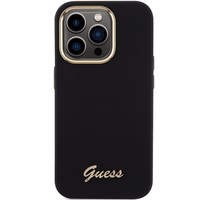 Guess Silicone Script Metal Logo & Frame viedtālruņa apvalks iPhone 15 Pro - melns