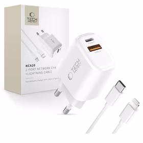 Tech-Protect NCA20 PD 20W QC3.0 USB-A / USB-C sienas lādētājs + USB-C / Lightning kabelis 100cm - balts