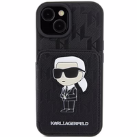 Karl Lagerfeld Saffiano Cardslots and Stand Monogram Ikonik Patch Viedtālruņa apvalks iPhone 15 - melns