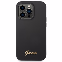 Guess GUHCP14XSLSMK iPhone 14 Pro Max 6.7" melns cietais silikona viedtālruņa apvalks Vintage Gold Logo