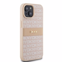 DKNY Ādas mono svītra un metāla logotips viedtālruņa apvalks iPhone 15 Plus / 14 Plus - rozā