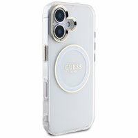 Guess IML Metal Colored Circle Classic Logo Magnētiskais viedtālruņa apvalks iPhone 16 - balts