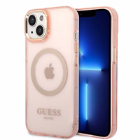 Guess GUHMP14SHTCMP iPhone 14 6.1" rozā cietais viedtālruņa apvalks ar zelta kontūru, caurspīdīgs, magnētiskais (MagSafe)
