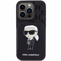 Karl Lagerfeld Saffiano karšu slotiņas un statīvs monogramma Ikonik plāksteris apvalks iPhone 15 Pro - melns