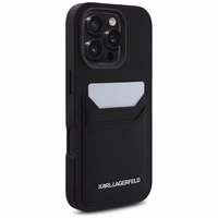 Karl Lagerfeld HC Graudainā PU viedtālruņa apvalks ar kartes slotu un metāla Elong iPhone 16 Pro - melns