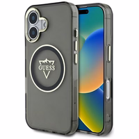 Guess IML Metal Mountain Logo Magnētiskais viedtālruņa apvalks iPhone 16 - melns