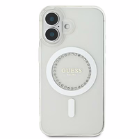 Guess IML Rhinestones magnētiskais viedtālruņa apvalks iPhone 16 - balts