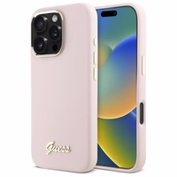 Guess Silikona Uzraksts Metāla Logotips un Rāmis Viedtālruņa apvalks iPhone 16 Pro Max - rozā