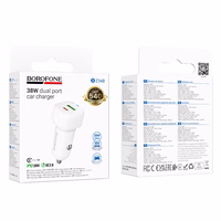 Borofone Auto lādētājs BZ34B Cloud - USB + C tipa - QC 3.0 PD 38W balts