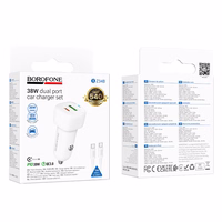 Borofone Auto lādētājs BZ34B Cloud - USB + C tipa lādētājs - QC 3.0 PD 38W ar C tipa vadu uz C tipa lādētāju balts