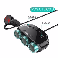 Auto cigarešu aizdedzinātāja ligzdas sadalītājs LM21 - 3 ligzdas + USB + Type C - QC 3.0 PD 3A 122W ar displeju un kabeli