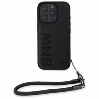 BMW Signature Leather Wordmark Cord Case priekš iPhone 16 Pro - Melns