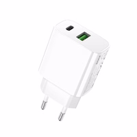 Rock sienas lādētājs T43 - USB + Type C - QC 3.0 PD 20W 3A balts