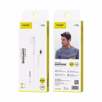 Austiņas ausīs, vadu Foneng T34, mini ligzda 3.5mm, ar tālvadības pulti (baltas)