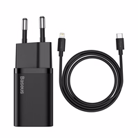 Baseus Super Si 1C ātrais lādētājs USB Type C 20W Power Delivery + USB Type C - Lightning kabelis 1m melns (TZCCSUP-B01)