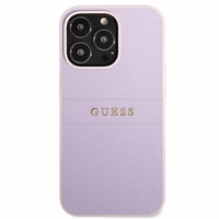 Guess GUHCP13LPSASBPU viedtālruņa apvalks iPhone 13 Pro / 13 6.1" violets Saffiano ar karsto spieduma un metāla logotipu