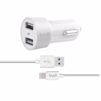 Budi - 2 USB auto lādētājs with LED indicator+lightning kabelis