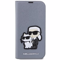 Karl Lagerfeld KLBKP14LSANKCPG iPhone 14 Pro 6.1" grāmatas tipa apvalks sudraba Saffiano Karl & Choupette