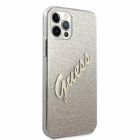 Guess GUHCP12LPCUGLSGO iPhone 12 Pro Max 6.7" zelts kietais vāciņš Glitter Gradient Script