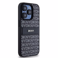DKNY Ādas mono svītra un metāla logotips viedtālruņa apvalks iPhone 15 Pro - melns