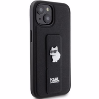 Karl Lagerfeld Gripstand Saffiano Choupette Pins apvalks viedtālrunim iPhone 15 Plus / 14 Plus - melns
