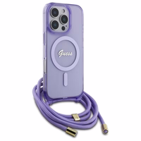 Guess Crossbody Cord Script Magnētiskais viedtālruņa apvalks iPhone 16 Pro Max - violets