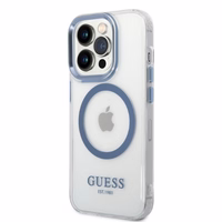 Guess GUHMP14XHTRMB iPhone 14 Pro Max 6.7" zils cietais viedtālruņa apvalks ar metāla kontūru, magnētiskais (MagSafe)
