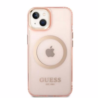 Guess GUHMP14MHTCMP iPhone 14 Plus 6.7" rozā/rozā cietais apvalks Zelta kontūra Caurspīdīgs Magnētiskais