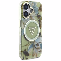 Guess Glitter Flowers Triangle Buttons Magnētiskais viedtālruņa apvalks iPhone 16 - zaļš