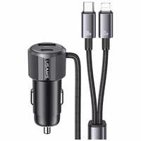 Auto lādētājs USAMS YT Series CC287 66W 1xUSB-A 1xUSB-C + kabelis 2w1 USB-C/Lightning tumšs