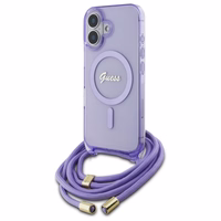 Guess soma pāri plecam viedtālruņa apvalks Cord Script MagSafe iPhone 16 – violets