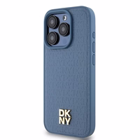 DKNY Ādas monogrammas raksta metāla logotips Magnētiskais viedtālruņa apvalks iPhone 15 Pro - zila