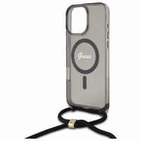 Guess Crossbody Cord Script Magnētiskais viedtālruņa apvalks iPhone 16 Pro Max - melns