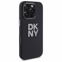 DKNY šķidrā silikona viedtālruņa apvalks ar metāla logotipu iPhone 16 Pro Max - melns