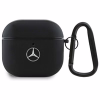 Mercedes MEA4CSLBK AirPods 4 ādas apvalks ar metāla logotipu, melns
