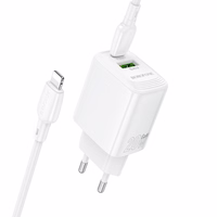 Borofone sienas lādētājs BN27 Fuente - USB + Type C - QC 3.0 PD 20W ar Type C uz Lightning kabeli balts
