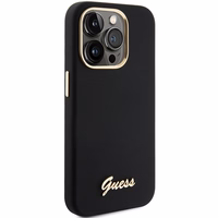 Guess Silicone Script Metal Logo & Frame viedtālruņa apvalks iPhone 15 Pro - melns